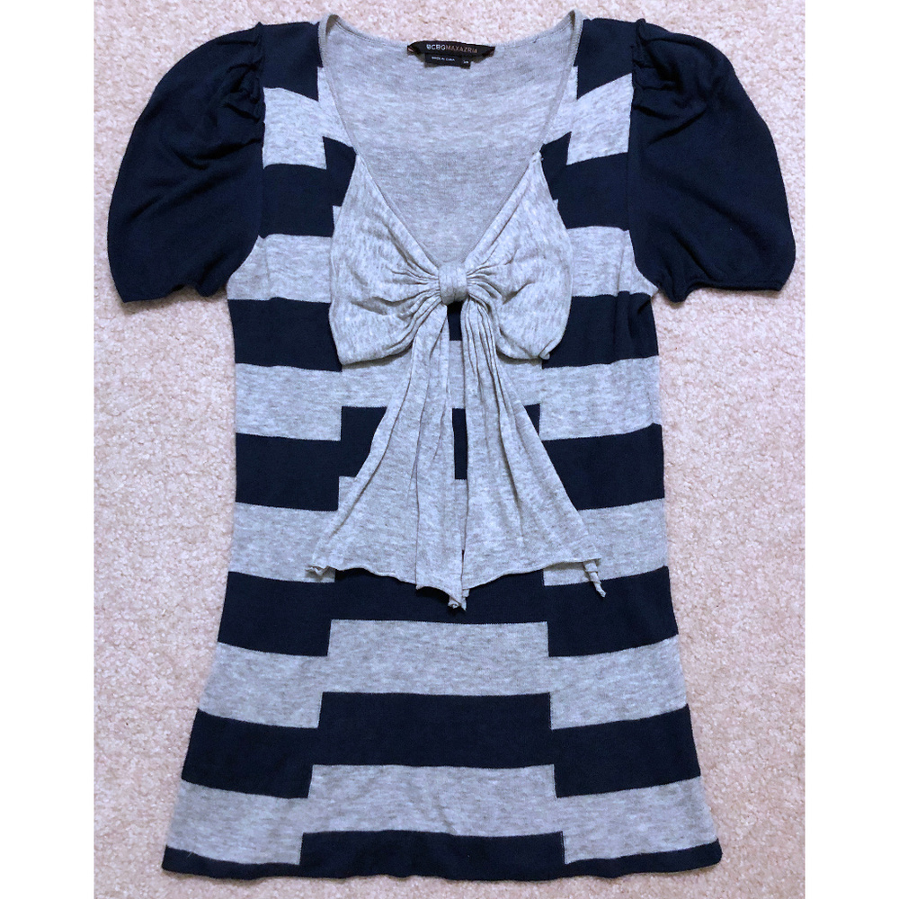 BCBG Max Azria Navy Blue Heather Gray Striped Ruffle Puff Bow Sweater XS XSmall